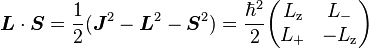 
    \boldsymbol{L} \cdot \boldsymbol{S}
  = \frac{1}{2}(\boldsymbol{J}^2 - \boldsymbol{L}^2 - \boldsymbol{S}^2)
  = \frac{\hbar^2}{2} \begin{pmatrix}
      L_{\mathrm{z}} & L_- \\
      L_+ & -L_{\mathrm{z}}
    \end{pmatrix}
