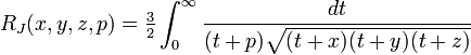 R_J(x,y,z,p) = \tfrac{3}{2}\int_0^\infty \frac{dt}{(t+p)\sqrt{(t+x)(t+y)(t+z)}}