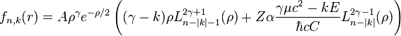 f_{n,k}(r)=A\rho^\gamma e^{-\rho/2}\left((\gamma-k)\rho L_{n-|k|-1}^{2\gamma+1}(\rho)+Z\alpha\frac{\gamma\mu c^2-kE}{\hbar cC}L_{n-|k|}^{2\gamma-1}(\rho)\right)