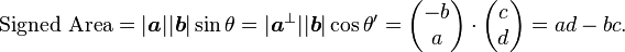 \text{Signed Area} = |\boldsymbol a||\boldsymbol b|\sin\theta = |\boldsymbol a^{\perp}||\boldsymbol b|\cos\theta' = \begin{pmatrix} -b \\ a \end{pmatrix} \cdot \begin{pmatrix} c \\ d \end{pmatrix} = ad - bc.