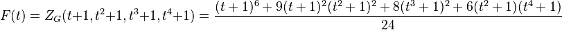 
F(t) = Z_G(t+1,t^2+1,t^3+1,t^4+1) = \frac{(t+1)^6 + 9 (t+1)^2 (t^2+1)^2 + 8 (t^3+1)^2 + 6 (t^2+1) (t^4+1)}{24}\,
