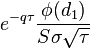  e^{-q \tau} \frac{\phi(d_1)}{S\sigma\sqrt{\tau}} \, 