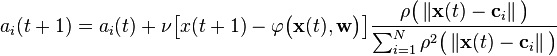   a_i (t+1) = a_i(t) + \nu \big [ x(t+1) - \varphi \big (  \mathbf{x}(t), \mathbf{w} \big ) \big ] \frac {\rho \big ( \left \Vert \mathbf{x}(t) - \mathbf{c}_i  \right \Vert \big )} {\sum_{i=1}^N \rho^2 \big ( \left \Vert \mathbf{x}(t) - \mathbf{c}_i  \right \Vert \big )} 