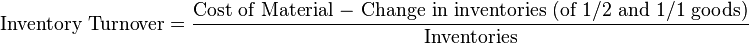 \mbox{Inventory Turnover}=\frac{\mbox{Cost of Material − Change in inventories (of 1/2 and 1/1 goods)}}{\mbox{Inventories}} 