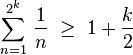 \sum_{n=1}^{2^k} \,\frac{1}{n} \;\geq\; 1 + \frac{k}{2}