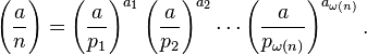 \Bigg(\frac{a}{n}\Bigg) = \left(\frac{a}{p_1}\right)^{a_1}\left(\frac{a}{p_2}\right)^{a_2}\cdots \left(\frac{a}{p_{\omega(n)}}\right)^{a_{\omega(n)}}.