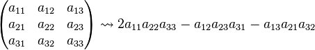 \begin{pmatrix} a_{11} & a_{12} & a_{13} \\ a_{21} & a_{22} & a_{23} \\ a_{31} & a_{32} & a_{33} \end{pmatrix} \rightsquigarrow 2 a_{11} a_{22} a_{33} - a_{12} a_{23} a_{31} - a_{13} a_{21} a_{32}