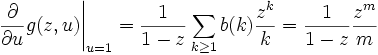  \frac{\partial}{\partial u} g(z, u) \Bigg|_{u=1} = 
\frac{1}{1-z} \sum_{k\ge 1} b(k) \frac{z^k}{k} =
\frac{1}{1-z} \frac{z^m}{m}