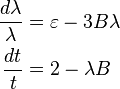 \begin{align}
  {d\lambda \over \lambda} &= \varepsilon - 3 B \lambda \\
              {dt \over t} &= 2 - \lambda  B
\end{align}