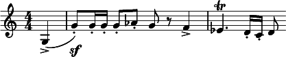  \relative c' { \clef treble \numericTimeSignature \time 4/4 \key c \major \partial 4*1 g->( | g'8\sf-.) g16-. g-. g8-. aes-. g r f4-> | ees4.\trill d16-. c-. d8 } 