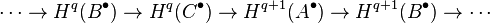 \cdots\rightarrow H^q(B^\bull) \rightarrow H^q(C^\bull) \rightarrow H^{q+1}(A^\bull) \rightarrow H^{q+1}(B^\bull) \rightarrow\cdots