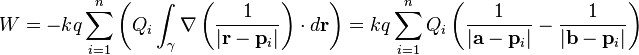  W = -kq \sum_{i=1}^n \bigg( Q_i \int_{\gamma} \nabla \left(\frac{1}{|\mathbf{r}-\mathbf{p}_i|} \right) \cdot d\mathbf{r} \bigg) = kq \sum_{i=1}^n Q_i \left( \frac{1}{|\mathbf{a}-\mathbf{p}_i|} - \frac{1}{|\mathbf{b}-\mathbf{p}_i|} \right) 