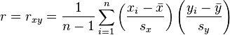 r = r_{xy} =\frac{1}{n-1} \sum ^n _{i=1} \left( \frac{x_i - \bar{x}}{s_x} \right) \left( \frac{y_i - \bar{y}}{s_y} \right)