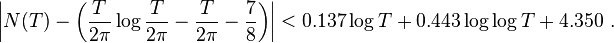 \left\vert{ N(T) - \left({\frac{T}{2\pi}\log{\frac{T}{2\pi}}-\frac{T}{2\pi} } - \frac{7}{8}\right)}\right\vert < 0.137 \log T + 0.443  \log\log T + 4.350 \ . 