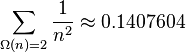 \sum_{\Omega(n)=2} \frac{1}{n^2} \approx 0.1407604