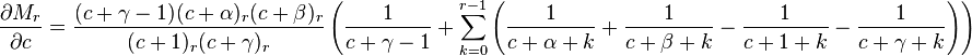 \frac{\partial M_r}{\partial c} = \frac{(c + \gamma - 1) (c + \alpha)_r (c + \beta)_r}{(c + 1)_r (c + \gamma)_r} \left(\frac{1}{c + \gamma - 1} + \sum_{k = 0}^{r - 1} \left(\frac{1}{c + \alpha + k} + \frac{1}{c + \beta + k}- \frac{1}{c + 1 + k} - \frac{1}{c + \gamma + k} \right) \right)