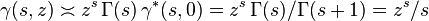 \gamma(s, z) \asymp z^s \, \Gamma(s) \, \gamma^*(s, 0) = z^s \, \Gamma(s)/\Gamma(s+1) = z^s/s