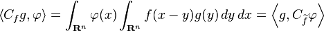 \left \langle C_fg, \varphi \right \rangle = \int_{\mathbf{R}^n}\varphi(x)\int_{\mathbf{R}^n}f(x-y)g(y)\,dy\,dx = \left \langle g, C_{\widetilde{f}}\varphi \right \rangle