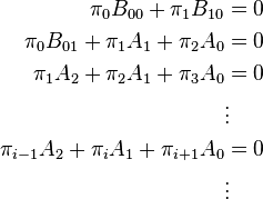 \begin{align}
\pi_0 B_{00} + \pi_1 B_{10} &= 0\\
\pi_0 B_{01} + \pi_1 A_1 + \pi_2 A_0 &= 0\\
\pi_1 A_2 + \pi_2 A_1 + \pi_3 A_0 &= 0 \\
& \vdots  \\
\pi_{i-1} A_2 + \pi_i A_1 + \pi_{i+1} A_0 &= 0\\
& \vdots  \\
\end{align}