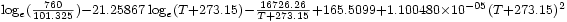 \scriptstyle \log_e (\frac {760} {101.325}) - 21.25867 \log_e(T+273.15) - \frac {16726.26} {T+273.15} + 165.5099 + 1.100480 \times 10^{-05} (T+273.15)^2