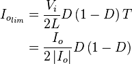 \begin{align}
  I_{o_{lim}} &= \frac{V_i}{2L}D\left(1-D\right)T\\
              &= \frac{I_o}{2\left|I_o\right|} D\left(1-D\right)
\end{align}