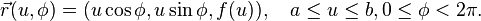  \vec r(u,\phi) = (u\cos\phi, u\sin\phi, f(u)), 
\quad a\leq u\leq b, 0\leq\phi <  2\pi.