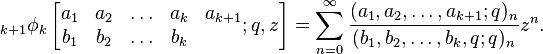 \;_{k+1}\phi_k \left[\begin{matrix} 
a_1 & a_2 & \ldots & a_{k}&a_{k+1} \\ 
b_1 & b_2 & \ldots & b_{k} \end{matrix} 
; q,z \right] = \sum_{n=0}^\infty  
\frac {(a_1, a_2, \ldots, a_{k+1};q)_n} {(b_1, b_2, \ldots, b_k,q;q)_n} z^n.