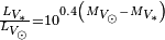 \begin{smallmatrix}\frac{L_{V_{\ast}}}{L_{V_{\odot}}}=10^{0.4\left(M_{V_{\odot}} - M_{V_{\ast}}\right)}\end{smallmatrix}