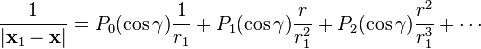 \frac{1}{|\mathbf{x}_1 - \mathbf{x}|} = P_0(\cos\gamma)\frac{1}{r_1} + P_1(\cos\gamma)\frac{r}{r_1^2} + P_2(\cos\gamma)\frac{r^2}{r_1^3}+\cdots