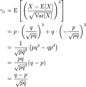 \begin{align}
\gamma_1 &= \operatorname{E} \left[\left(\frac{X-\operatorname{E}[X]}{\sqrt{\operatorname{Var}[X]}}\right)^3\right] \\ 
&= p \cdot \left(\frac{q}{\sqrt{pq}}\right)^3 + q \cdot \left(-\frac{p}{\sqrt{pq}}\right)^3 \\
&= \frac{1}{\sqrt{pq}^3} \left(pq^3-qp^3\right) \\
&= \frac{pq}{\sqrt{pq}^3} (q-p) \\
&= \frac{q-p}{\sqrt{pq}}
\end{align}