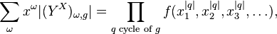 
\sum_{\omega} x^\omega |(Y^X)_{\omega,g}| = \prod_{q \text{ cycle of } g} f(x_1^{|q|}, x_2^{|q|}, x_3^{|q|}, \ldots),
