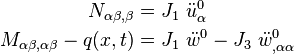 
   \begin{align}
     N_{\alpha\beta,\beta} & = J_1~\ddot{u}^0_\alpha \\
     M_{\alpha\beta,\alpha\beta} - q(x,t) & = J_1~\ddot{w}^0 - J_3~\ddot{w}^0_{,\alpha\alpha}
   \end{align}
