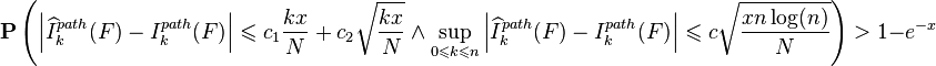 \mathbf{P} \left ( \left|  \widehat{I}^{path}_k(F)-I_k^{path}(F)\right | \leqslant c_1 \frac{kx}{N}+c_2 \sqrt{\frac{kx}{N}} \land \sup_{0\leqslant k\leqslant n}\left| \widehat{I}_k^{path}(F)-I^{path}_k(F)\right| \leqslant c \sqrt{\frac{xn\log(n)}{N}} \right ) > 1-e^{-x}