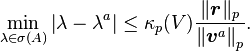 \min_{\lambda\in\sigma(A)} \left |\lambda-\lambda^a \right | \leq\kappa_p(V) \frac{\|\boldsymbol{r}\|_p}{\left \|\boldsymbol{v}^a \right \|_p}.