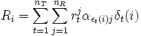 R_i = \sum_{t=1}^{n_T}\sum_{j=1}^{n_R}r_t^j\alpha_{\epsilon_{t}(i)j}\delta_t(i)