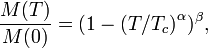  \frac {M(T)}{M(0)} = \left (1-(T/T_c\right)^{\alpha})^{\beta},