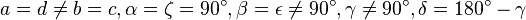 a = d \ne b = c, \alpha = \zeta = 90 ^\circ, \beta = \epsilon \ne 90 ^\circ, \gamma \ne  90 ^\circ, \delta = 180 ^\circ - \gamma 