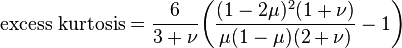 \text{excess kurtosis} =\frac{6}{3 + \nu}\bigg (\frac{(1 - 2 \mu)^2 (1 + \nu)}{\mu (1 - \mu) (2 + \nu)} - 1 \bigg )