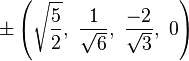 \pm \left({\sqrt {\frac {5}{2}}},\ {\frac {1}{\sqrt {6}}},\ {\frac {-2}{\sqrt {3}}},\ 0\right)