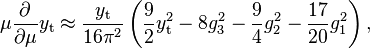 \mu \frac{\partial}{\partial\mu} y_\text{t} \approx \frac{y_\text{t}}{16\pi^2}\left(\frac{9}{2}y_\text{t}^2 - 8 g_3^2- \frac{9}{4}g_2^2 - \frac{17}{20} g_1^2 \right),