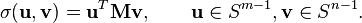 \sigma(\mathbf{u}, \mathbf{v}) = \mathbf{u}^{T} \mathbf{M} \mathbf{v}, \qquad \mathbf{u} \in S^{m-1}, \mathbf{v} \in S^{n-1}.