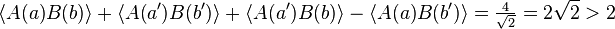 \langle A(a) B(b) \rangle + \langle A(a') B(b') \rangle + \langle A(a') B(b) \rangle - \langle A(a) B(b') \rangle = \tfrac{4}{\sqrt{2}} = 2 \sqrt{2} > 2