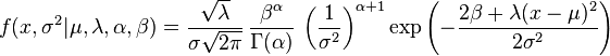 f(x,\sigma^2|\mu,\lambda,\alpha,\beta) =  \frac {\sqrt{\lambda}} {\sigma\sqrt{2\pi} } \, \frac{\beta^\alpha}{\Gamma(\alpha)} \, \left( \frac{1}{\sigma^2} \right)^{\alpha + 1}   \exp \left( -\frac { 2\beta + \lambda(x - \mu)^2} {2\sigma^2}  \right) 