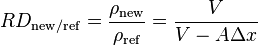 RD_{\mathrm{new/ref}} = \frac{\rho_\mathrm{new}}{\rho_\mathrm{ref}} = \frac{V}{V - A \Delta x}