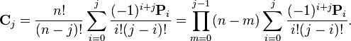 
\mathbf{C}_j = \frac{n!}{(n - j)!} \sum_{i = 0}^j \frac{(-1)^{i + j} \mathbf{P}_i}{i! (j - i)!} =
\prod_{m = 0}^{j - 1} (n - m) \sum_{i = 0}^j \frac{(-1)^{i + j} \mathbf{P}_i}{i! (j - i)!}
.