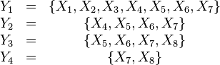 
\begin{matrix}
Y_{1} &=&\{X_{1},X_{2},X_{3},X_{4},X_{5},X_{6},X_{7}\} \\
Y_{2} &=&\{X_{4},X_{5},X_{6},X_{7}\} \\
Y_{3} &=&\{X_{5},X_{6},X_{7},X_{8}\} \\
Y_{4} &=&\{X_{7},X_{8}\}
\end{matrix}
