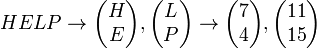 HELP \to \begin{pmatrix} H \\ E \end{pmatrix} , \begin{pmatrix} L \\ P \end{pmatrix} \to \begin{pmatrix} 7 \\ 4 \end{pmatrix} , \begin{pmatrix} 11 \\ 15 \end{pmatrix}