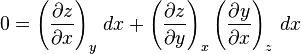 0 = \left(\frac{\partial z}{\partial x}\right)_y \, dx + \left(\frac{\partial z}{\partial y}\right)_x \left(\frac{\partial y}{\partial x}\right)_z \, dx