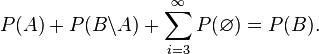 P(A)+P(B\backslash A)+\sum_{i=3}^\infty P(\varnothing)=P(B).