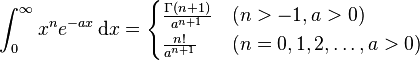 \int_{0}^{\infty} x^n e^{-ax}\,\mathrm{d}x = 
\begin{cases}
       \frac{\Gamma(n+1)}{a^{n+1}} & (n>-1,a>0) \\
       \frac{n!}{a^{n+1}} & (n=0,1,2,\ldots,a>0) \\
\end{cases}